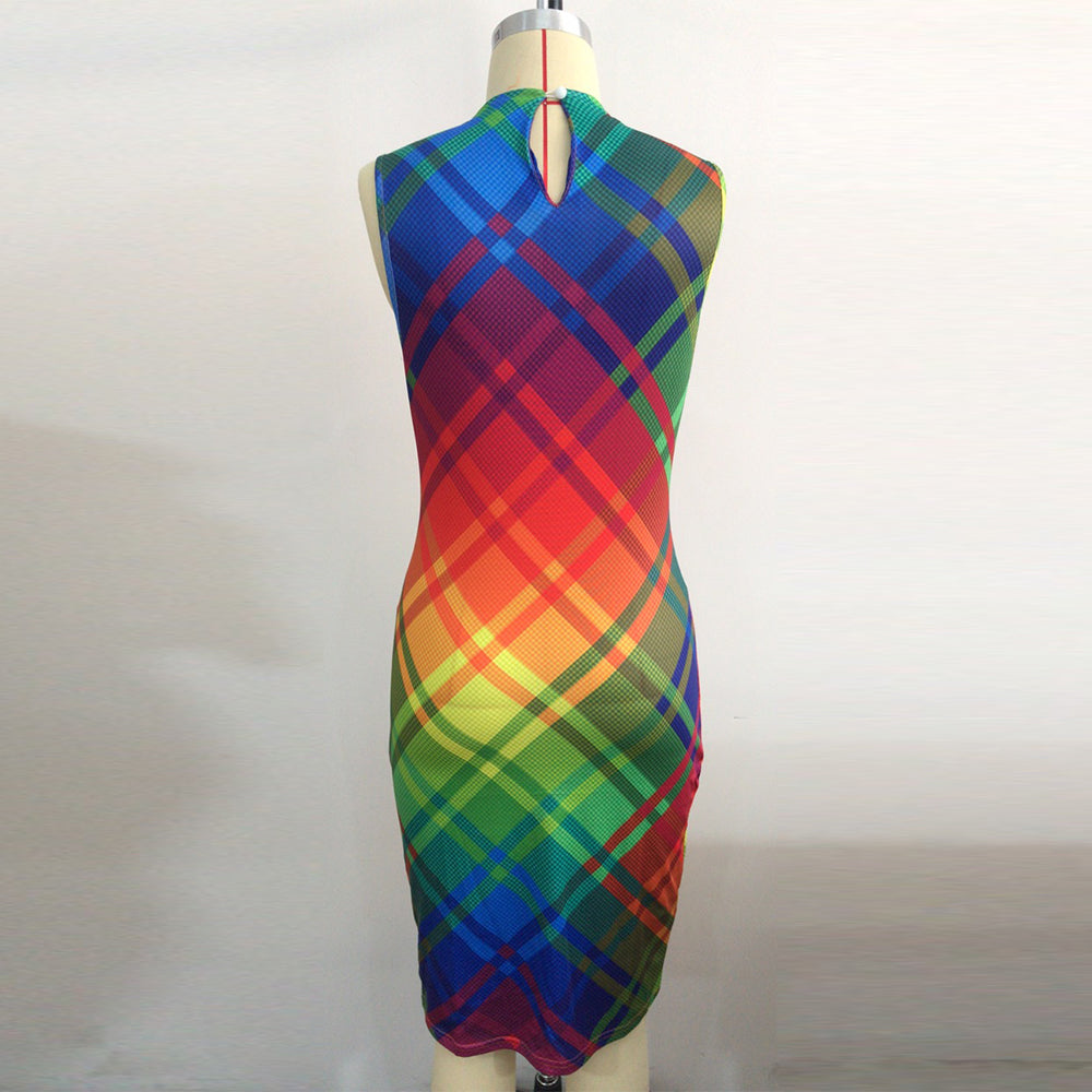 Summer Sleeveless Rainbow Striped Argyle Style Dress