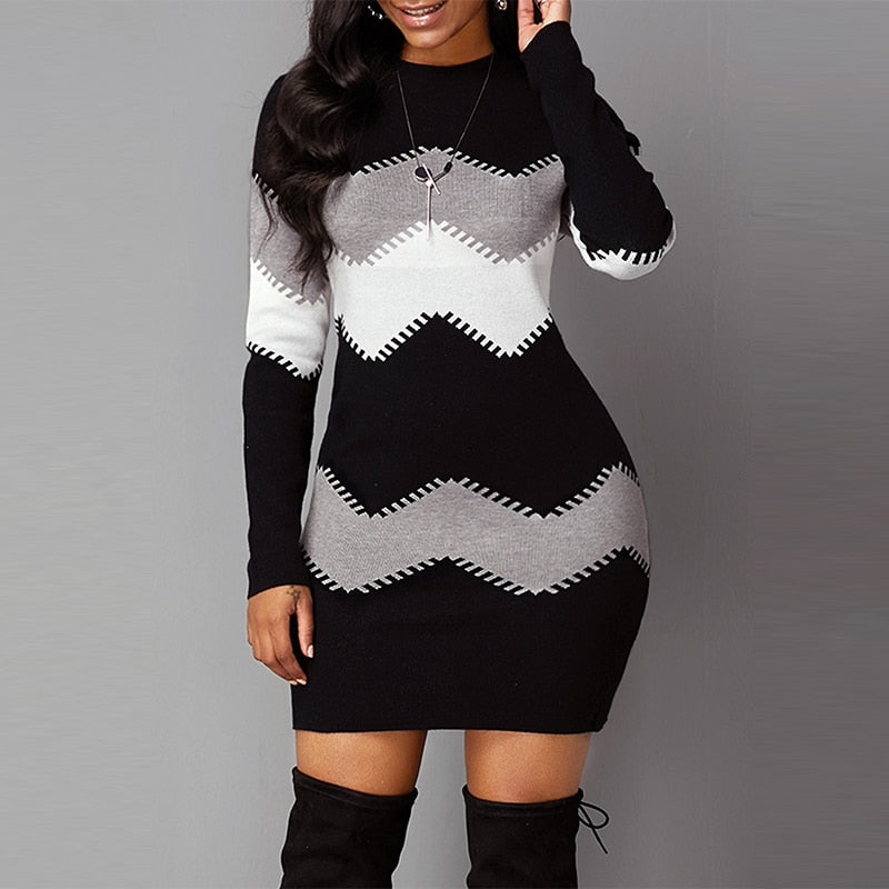 O-Neck Wave Striped Long Sleeve Thin Sweater Mini Dress