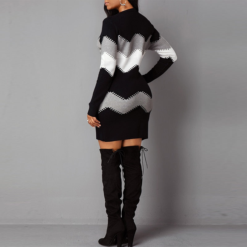 O-Neck Wave Striped Long Sleeve Thin Sweater Mini Dress