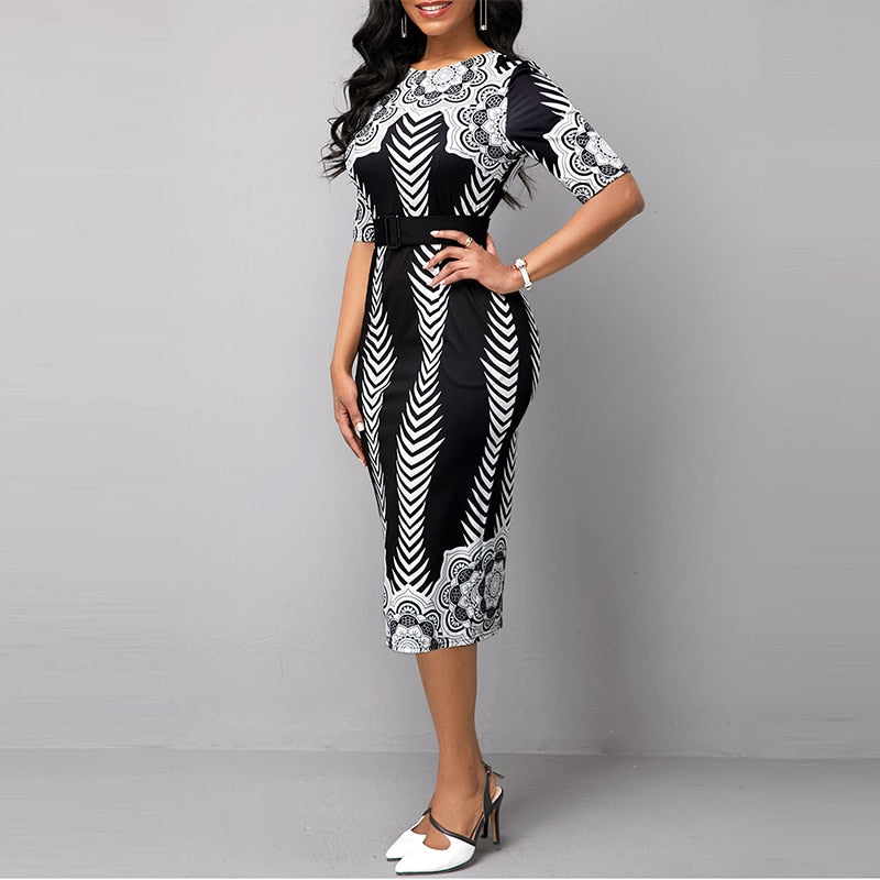 Half Sleeve O-Neck Belted Tribal Print Dress