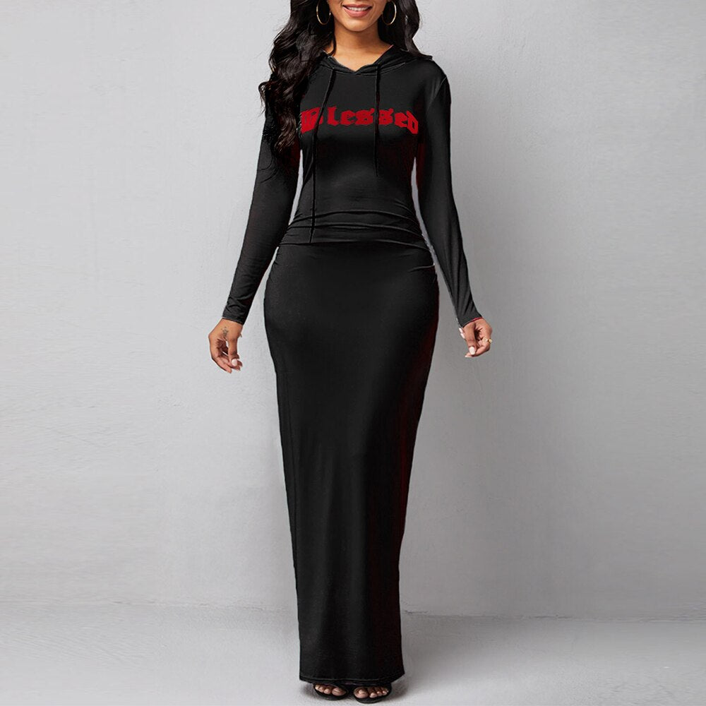 Autumn Winter Long Sleeve Letter Casual Long Loose Sweatshirt Bodycon Dress