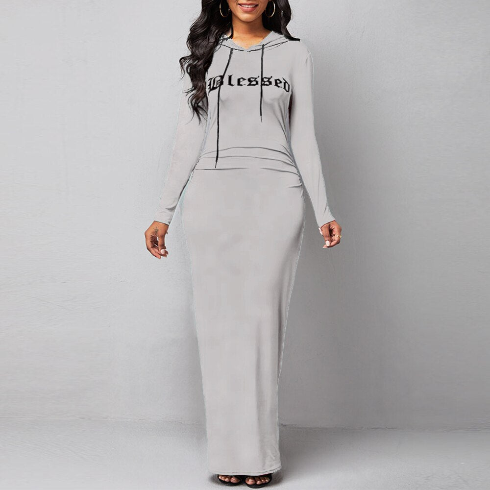 Autumn Winter Long Sleeve Letter Casual Long Loose Sweatshirt Bodycon Dress