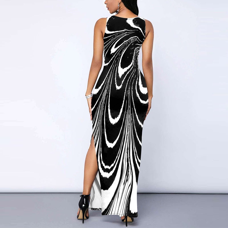 Slim Fit Sleeveless Round Neck Printed Nightclub Long Dress