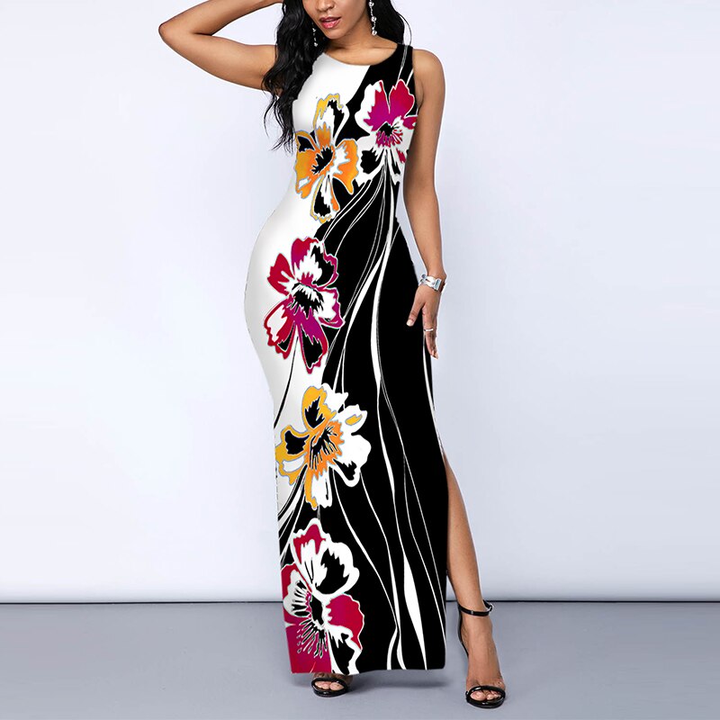 Slim Fit Sleeveless Round Neck Printed Nightclub Long Dress