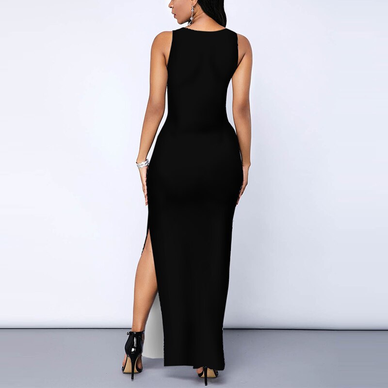 Slim Fit Sleeveless Round Neck Printed Nightclub Long Dress