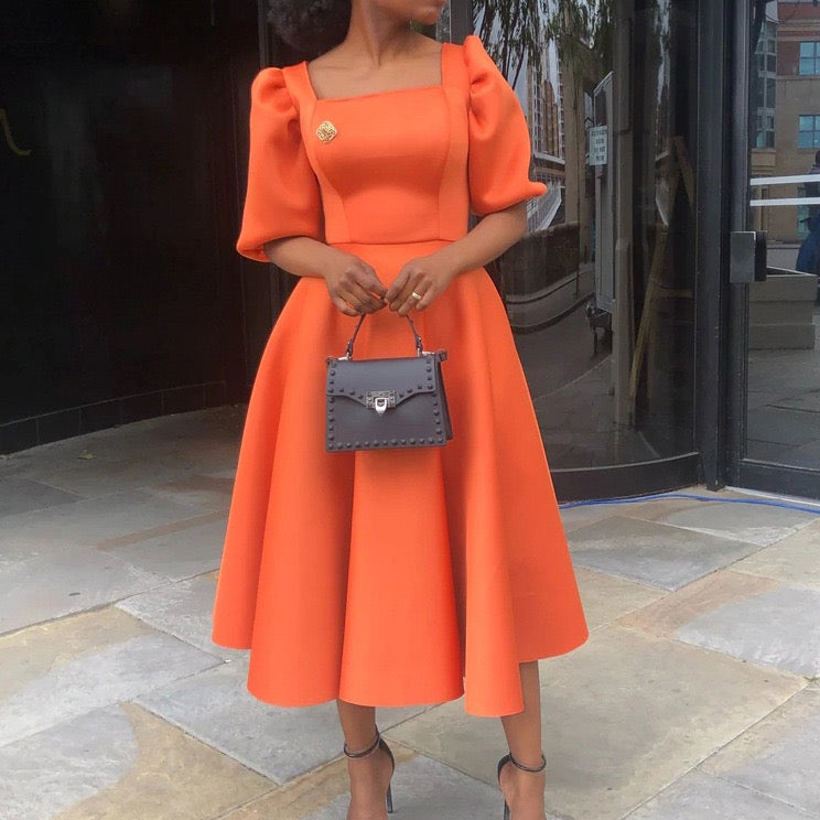 Solid Full Sleeve V Neck High Waisted Split ElegantWork Dress