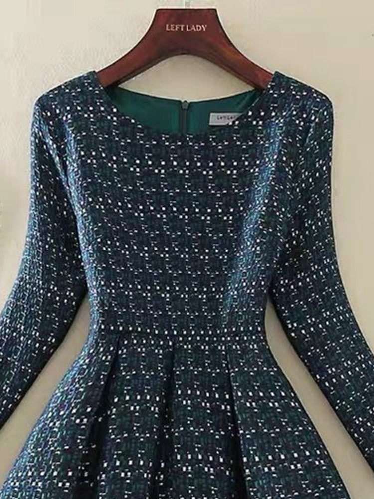 Elegant Tweed Slim O Neck Long Sleeve High Waist A-line Dress