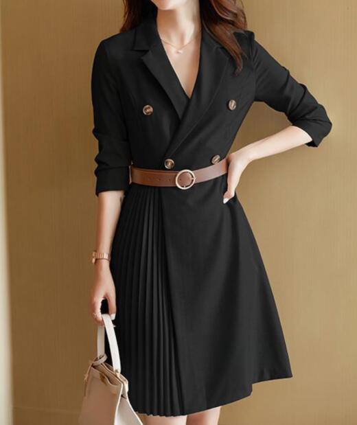 Autumn Notched Collar Double Breasted  A Line Suit Dress
