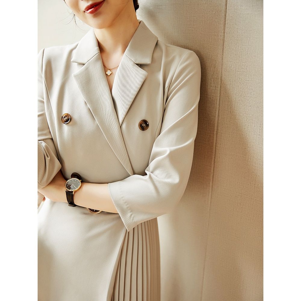 Autumn Notched Collar Double Breasted  A Line Suit Dress