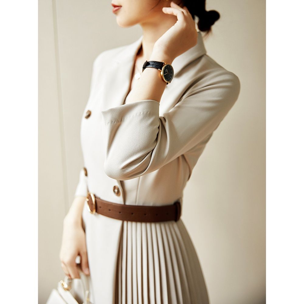 Autumn Notched Collar Double Breasted  A Line Suit Dress