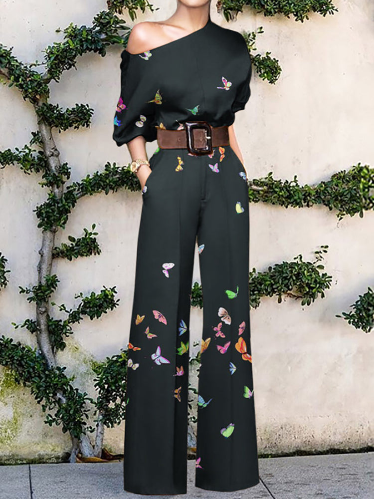 Off Shoulder Vintage Pattern Printed Long Sleeve Jumpsuit