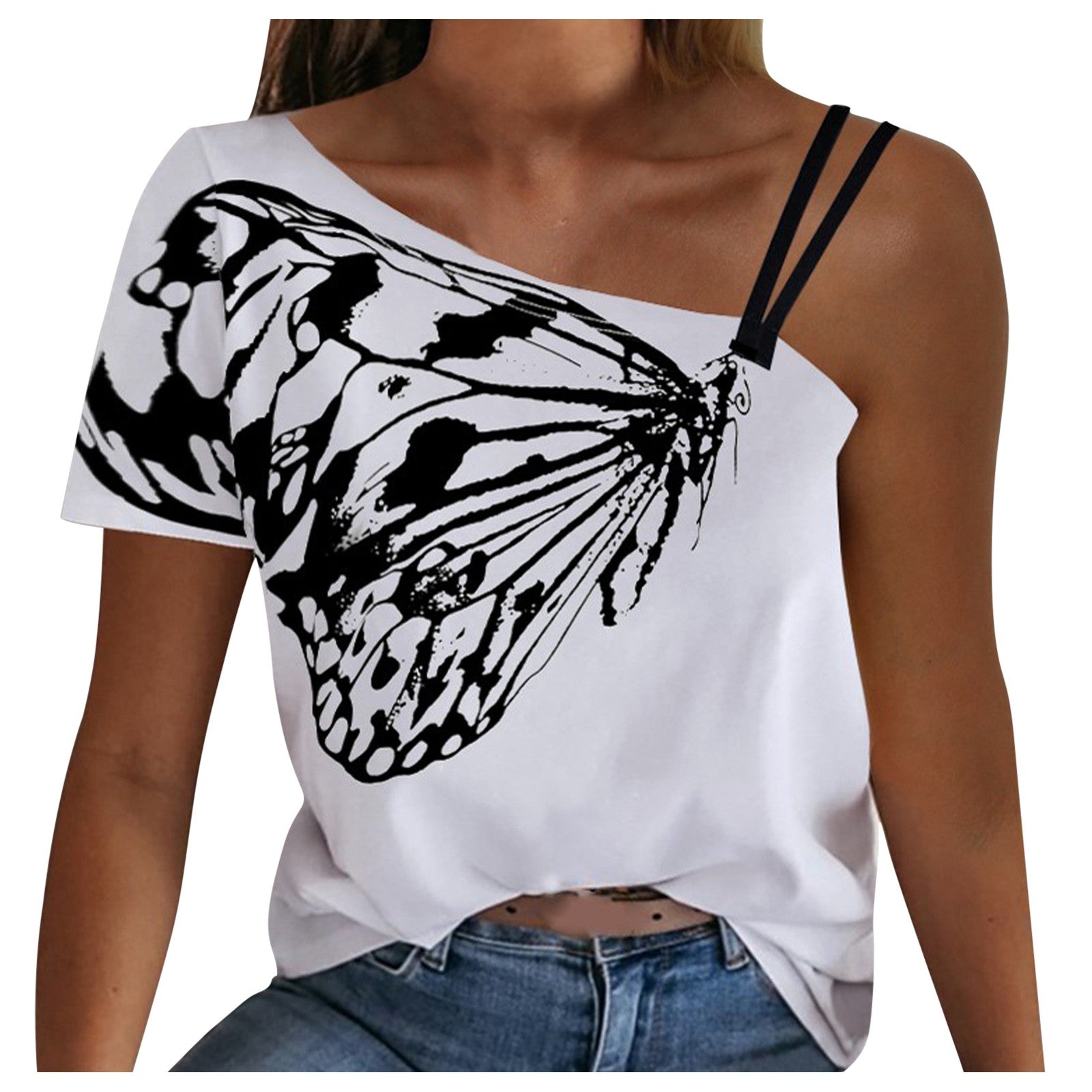 One Shoulder Butterfly Print Tops