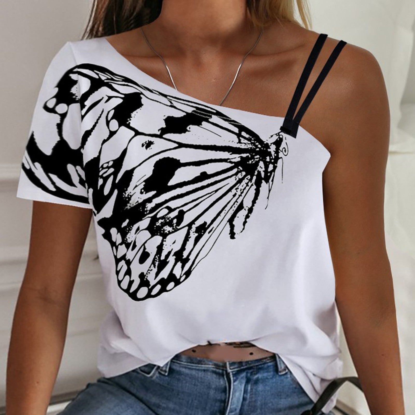 One Shoulder Butterfly Print Tops