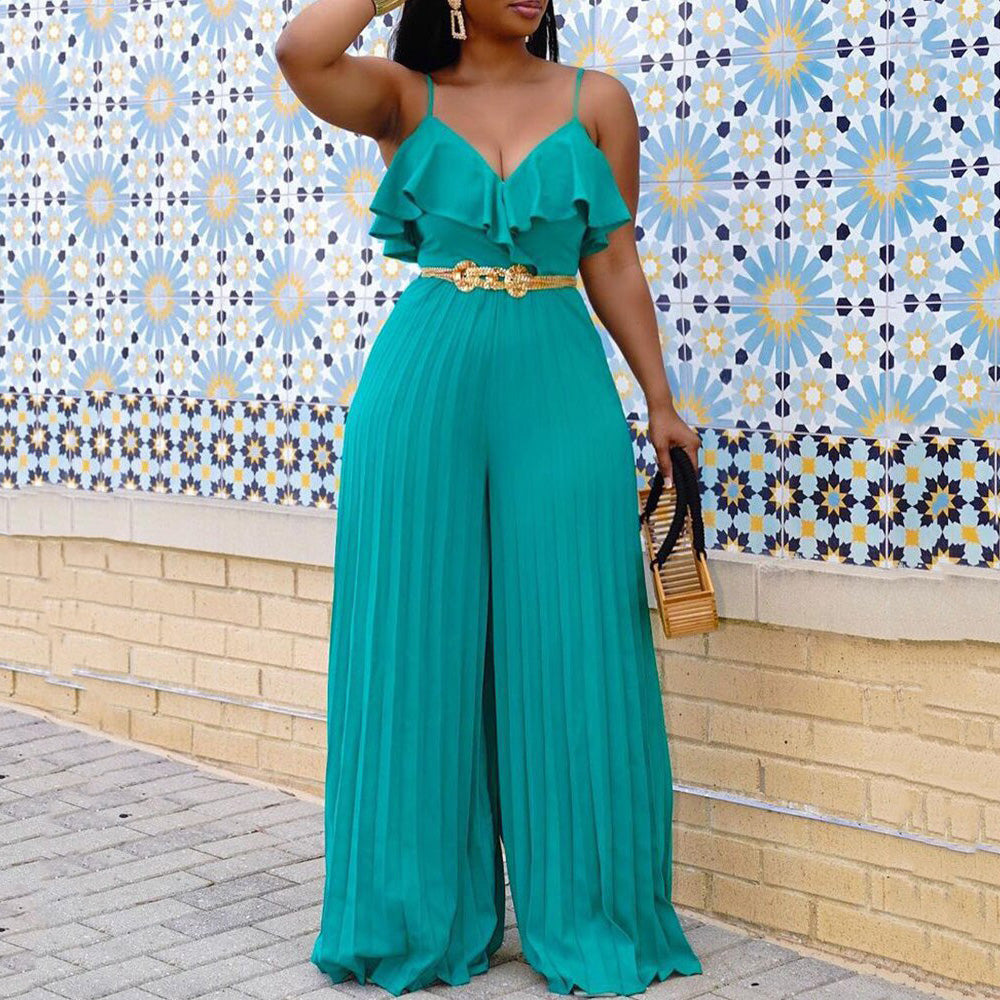 Oversized  Solid High Waisted Pleated V Neck Chiffon Jumpsuit