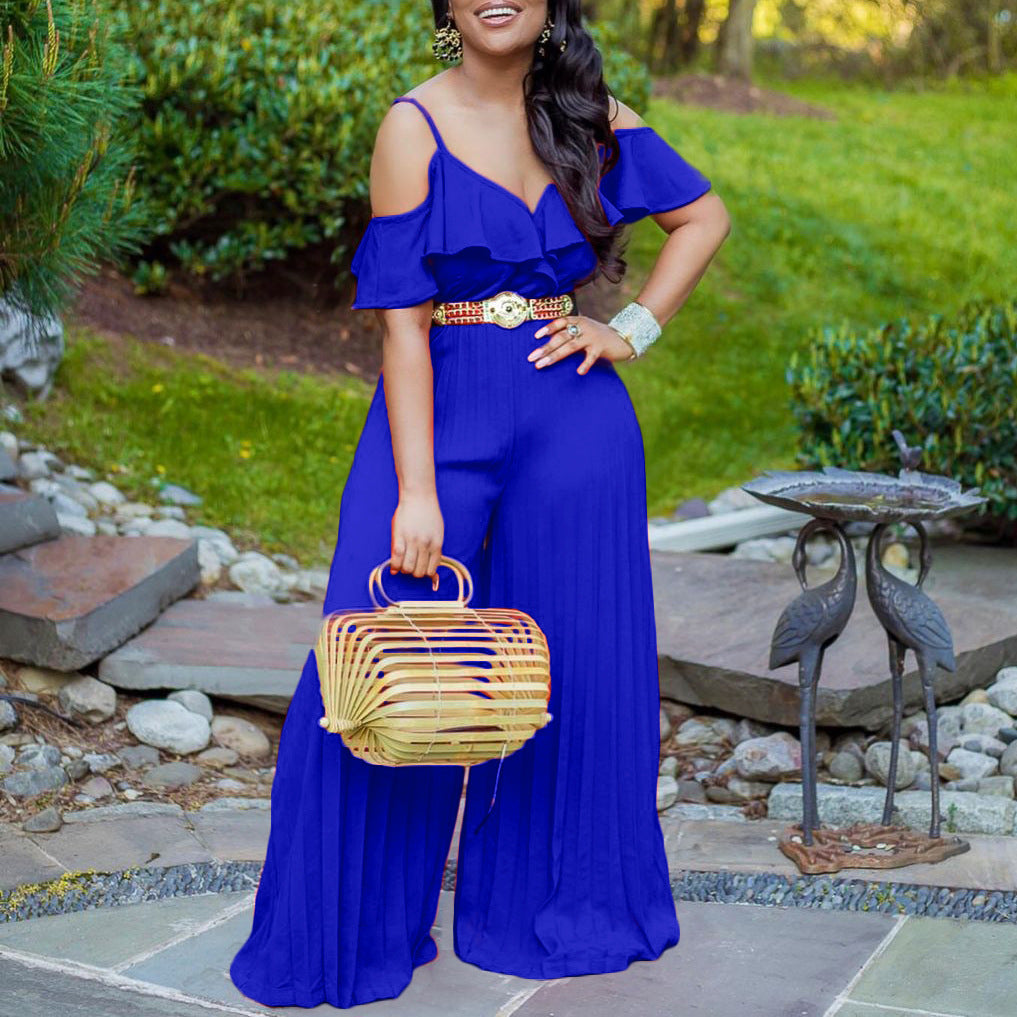 Oversized  Solid High Waisted Pleated V Neck Chiffon Jumpsuit