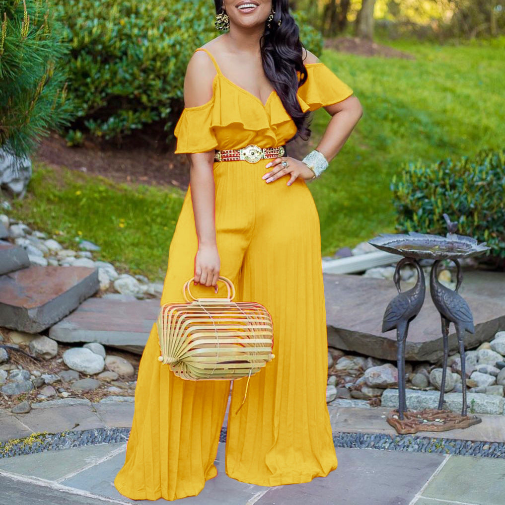 Oversized  Solid High Waisted Pleated V Neck Chiffon Jumpsuit
