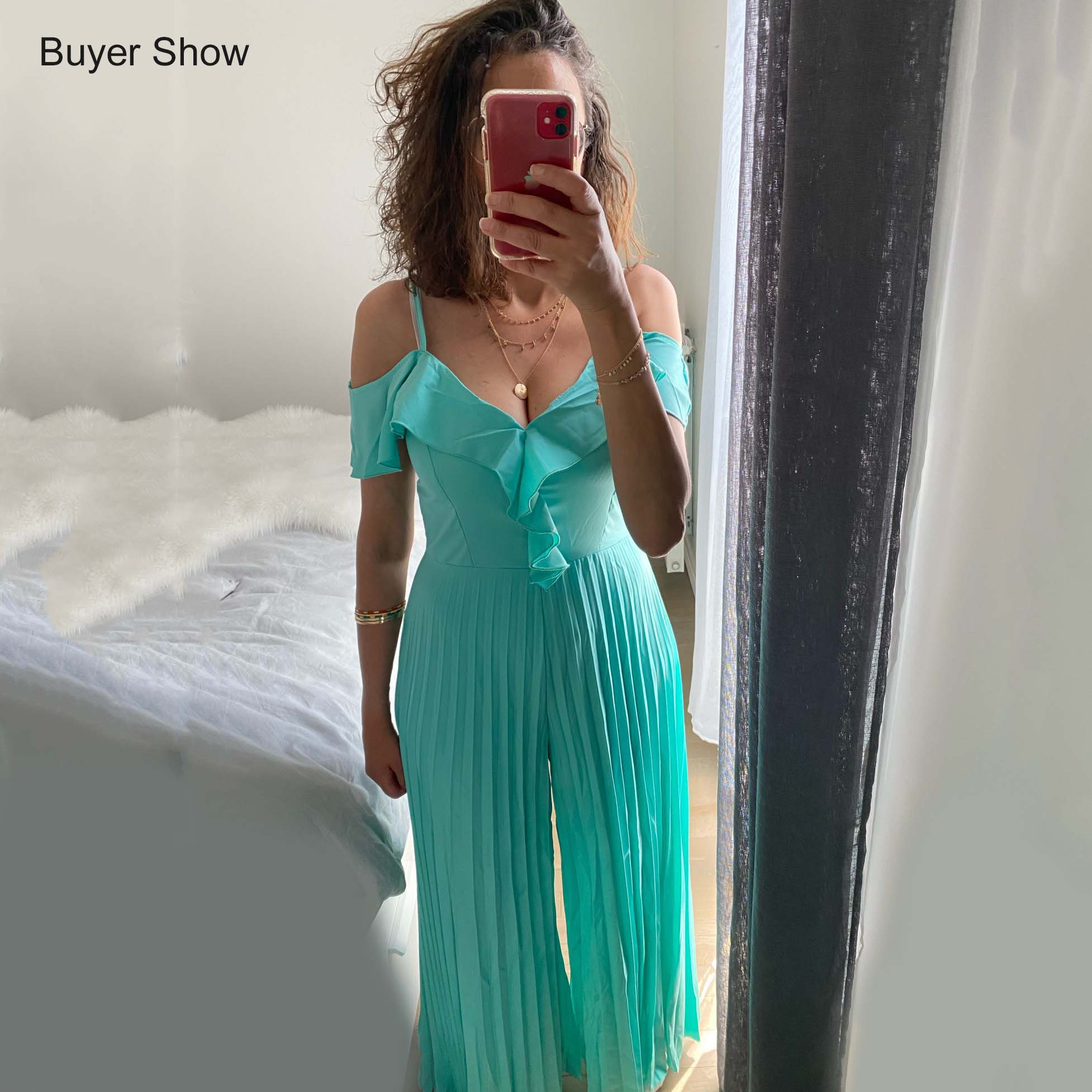 Oversized  Solid High Waisted Pleated V Neck Chiffon Jumpsuit