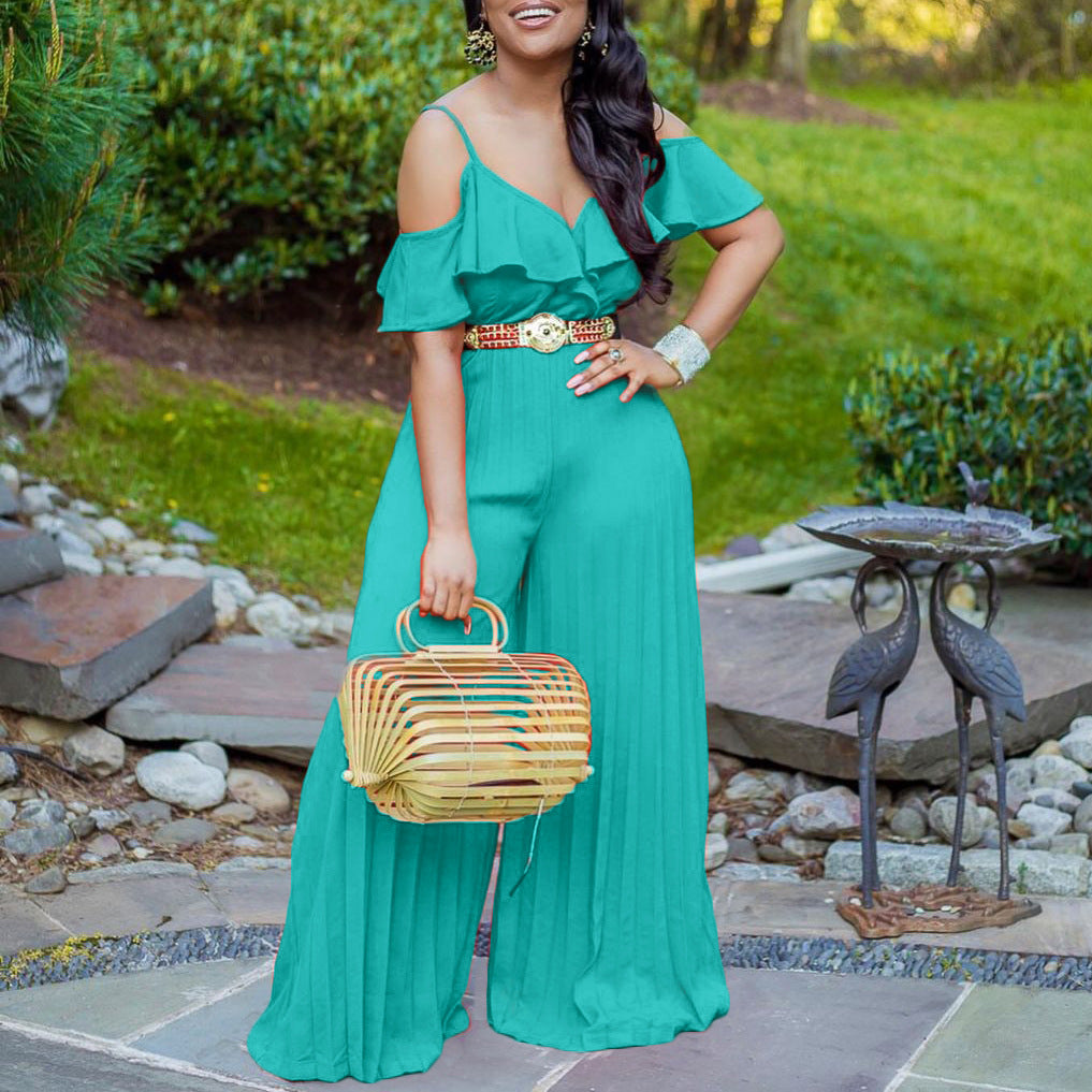 Oversized  Solid High Waisted Pleated V Neck Chiffon Jumpsuit