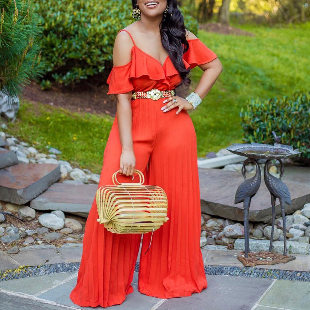 Oversized  Solid High Waisted Pleated V Neck Chiffon Jumpsuit