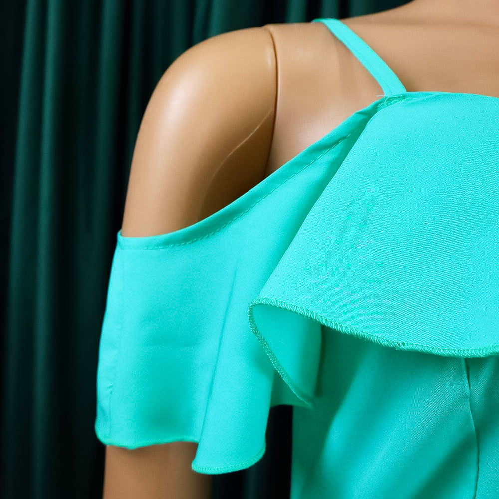 Oversized  Solid High Waisted Pleated V Neck Chiffon Jumpsuit
