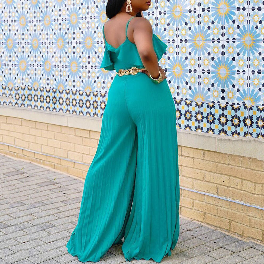 Oversized  Solid High Waisted Pleated V Neck Chiffon Jumpsuit