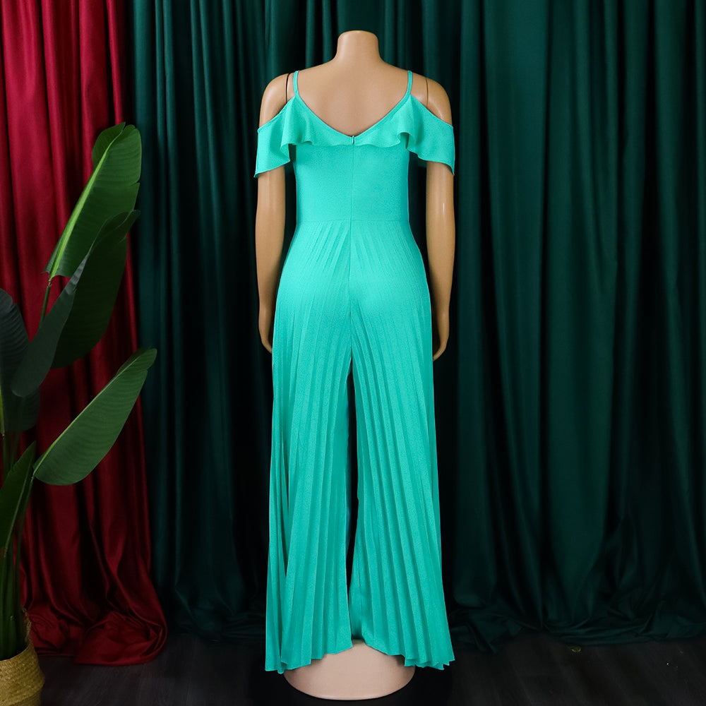 Oversized  Solid High Waisted Pleated V Neck Chiffon Jumpsuit