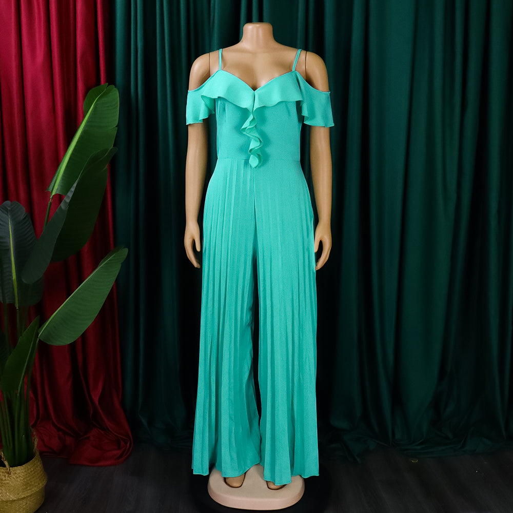 Oversized  Solid High Waisted Pleated V Neck Chiffon Jumpsuit