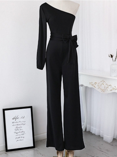 Euro Solid One Shoulder Female Jumpsuit