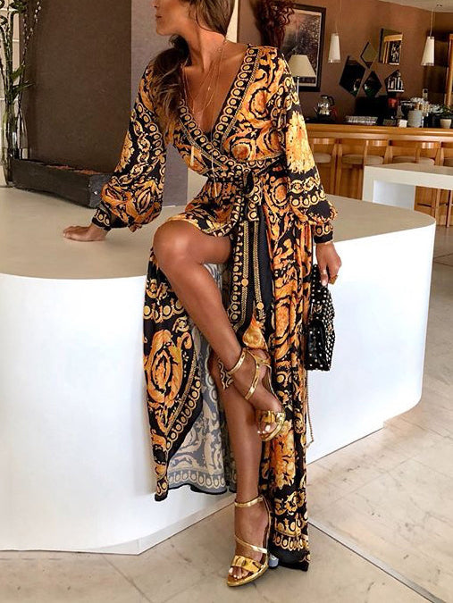 Printing V Neck Tie-wrap Split Maxi Dresses