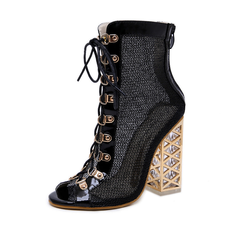 Spring Lace Up Peep-Toe Hollow Out Boots