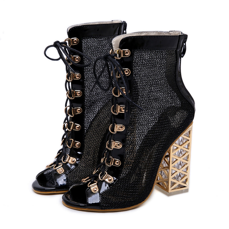 Spring Lace Up Peep-Toe Hollow Out Boots