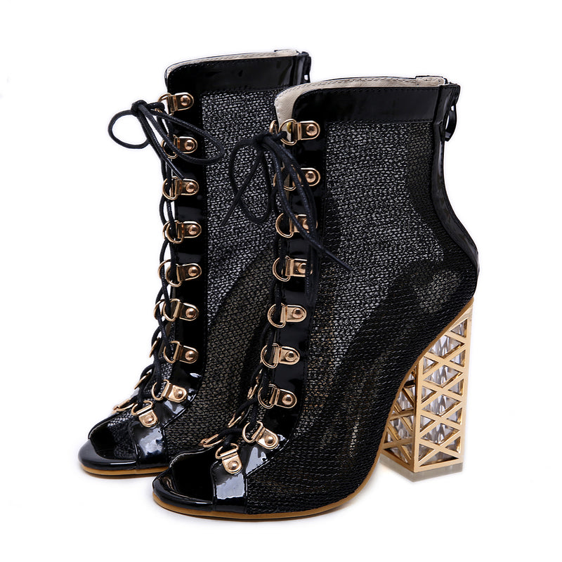 Spring Lace Up Peep-Toe Hollow Out Boots