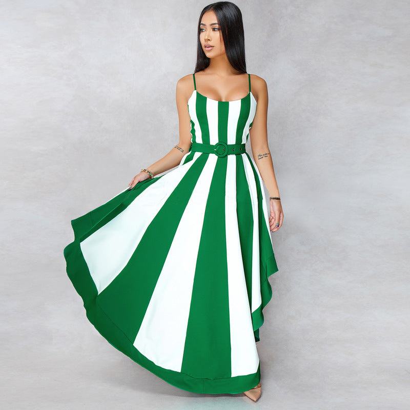 Sexy Asymmetrical Strip Color Block Low-cut Sleeveless Dresses