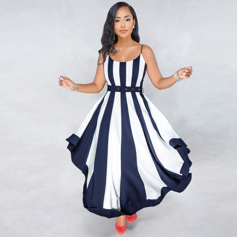 Sexy Asymmetrical Strip Color Block Low-cut Sleeveless Dresses