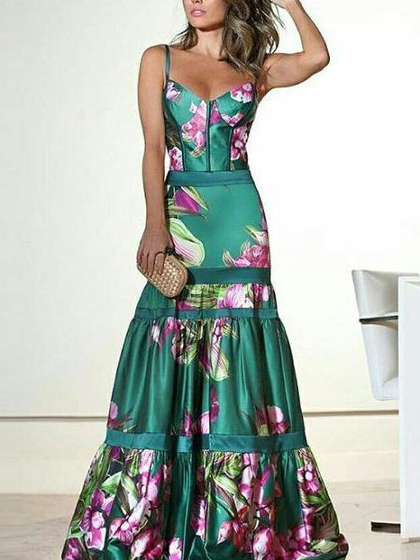 Spring Flower Large Hem Floor Length Maxi Dress