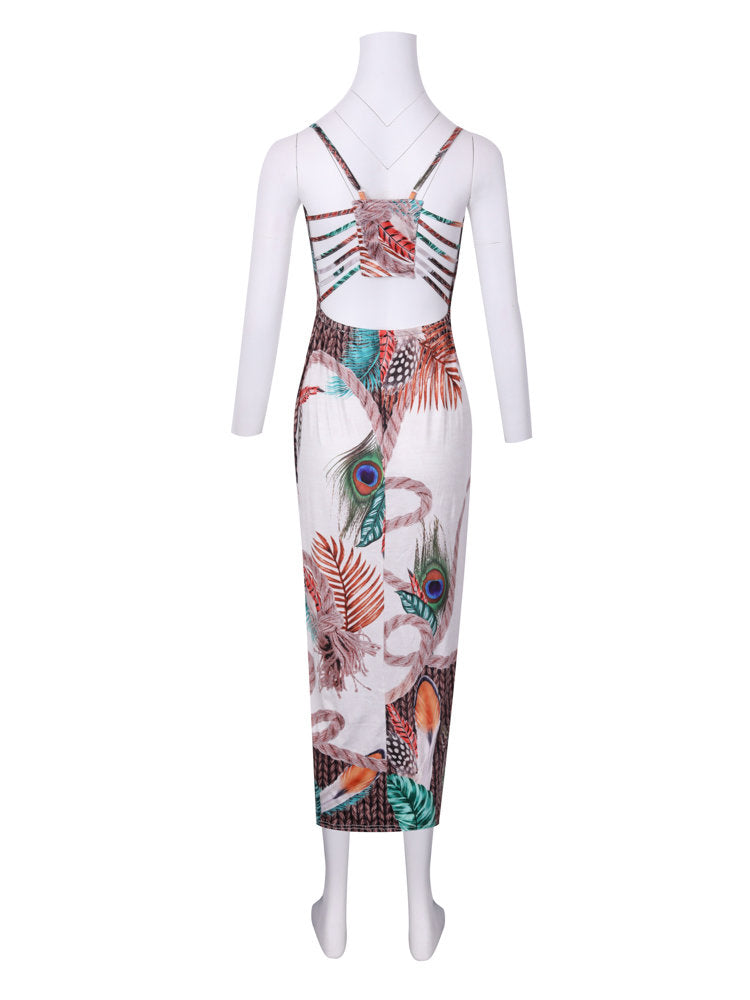 V Neck Hollow Out Peacock Printed Strap Maxi Dress