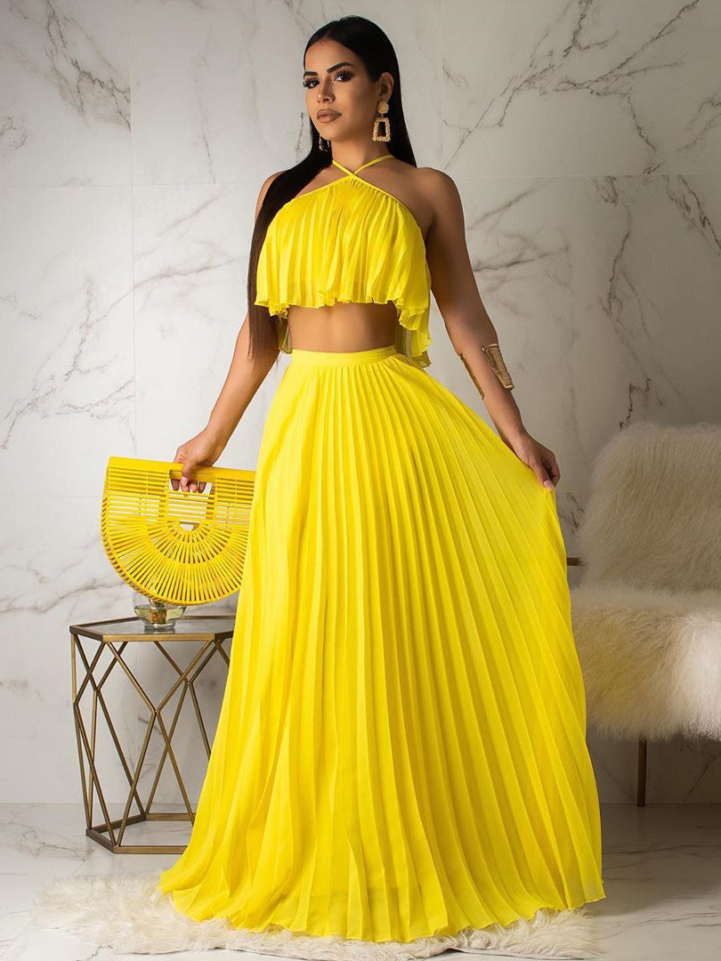 Euro Solid Color Pleated 2 Pieces Maxi Skirt Sets