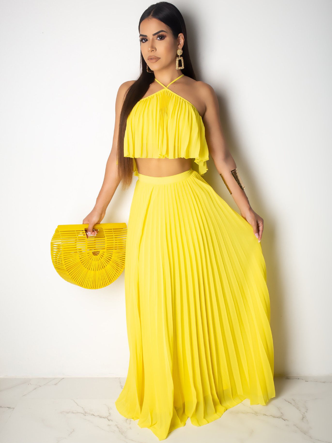 Euro Solid Color Pleated 2 Pieces Maxi Skirt Sets