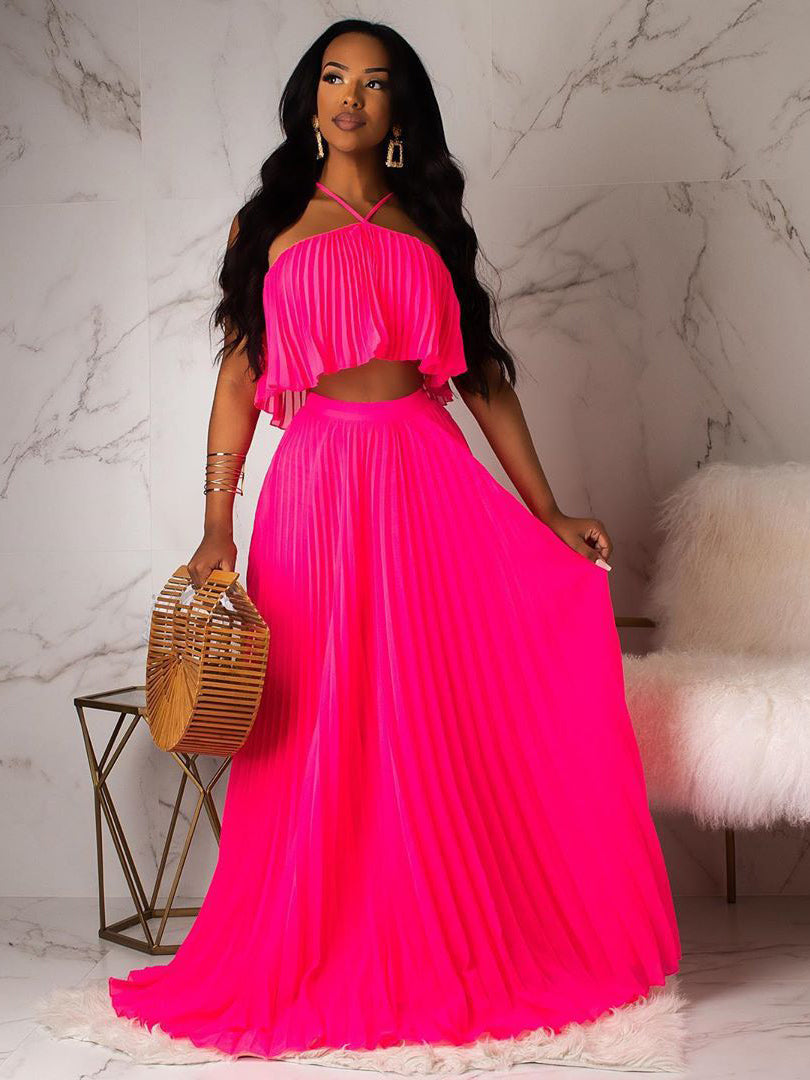 Euro Solid Color Pleated 2 Pieces Maxi Skirt Sets
