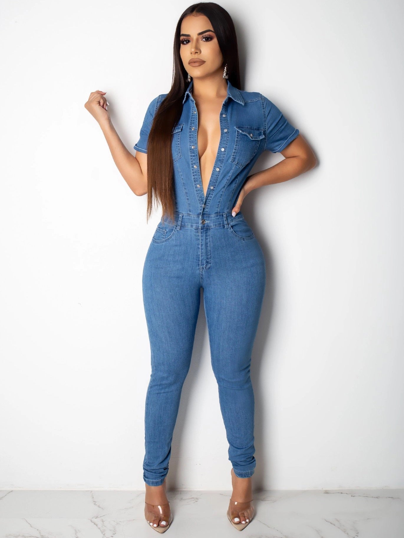 Solid Single-Breasted Pockets Denim Jumpsuit