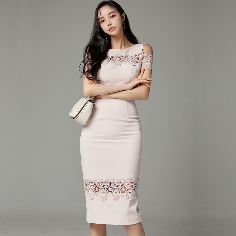 Pink Decorative Lace Stitching High Waist Tight Dress