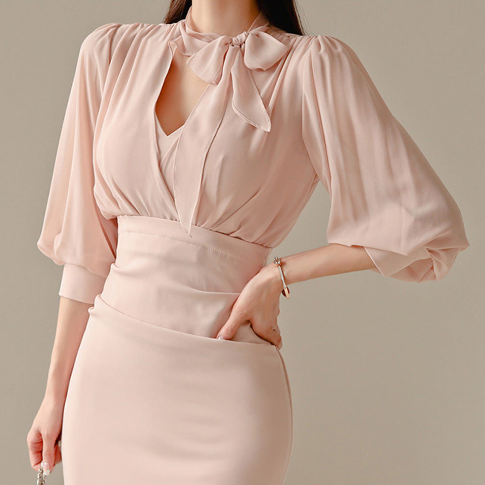 Pink Simple High Waist Chiffon Stitching Five-Point Sleeve Dress