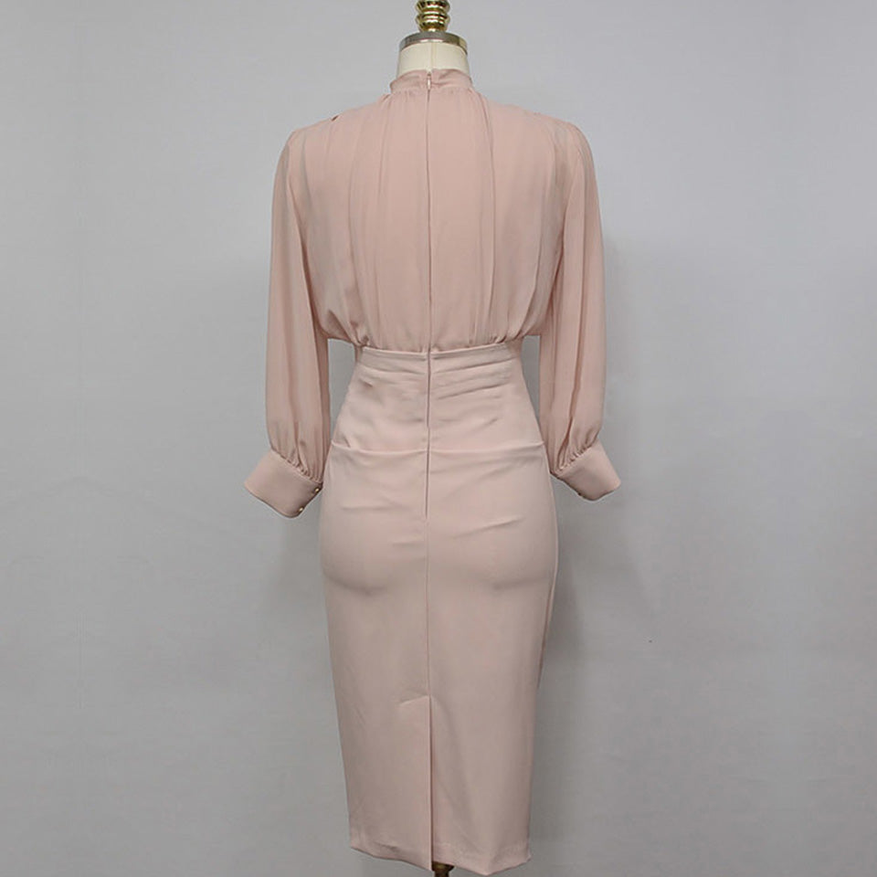 Pink Simple High Waist Chiffon Stitching Five-Point Sleeve Dress