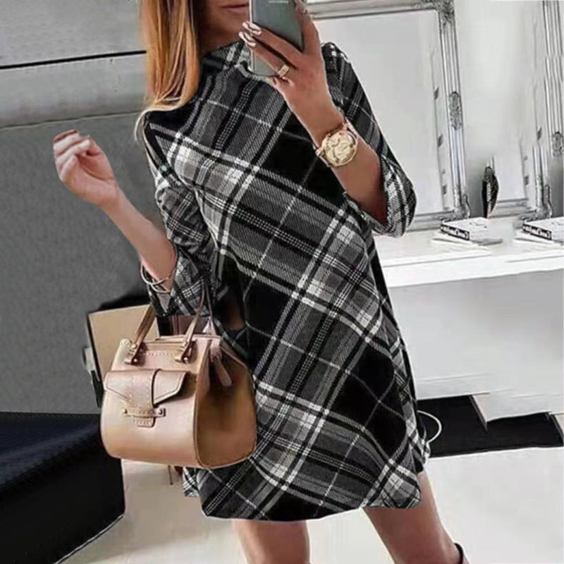 Plaid Print Long Sleeve Above Knee Casual Dress