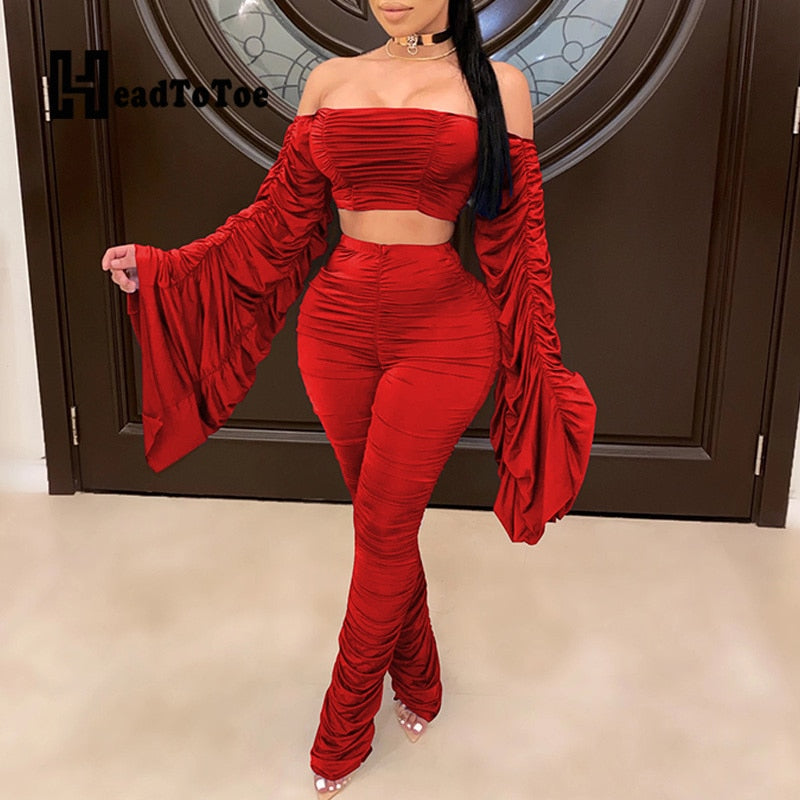 Pleated Flare Long Sleeve Off Shoulder Slash Neck Crop Tops and High Waist Stacked Skinny Pants