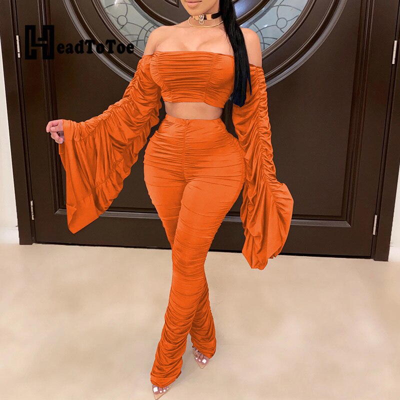 Pleated Flare Long Sleeve Off Shoulder Slash Neck Crop Tops and High Waist Stacked Skinny Pants