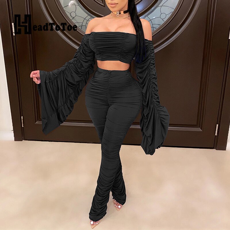 Pleated Flare Long Sleeve Off Shoulder Slash Neck Crop Tops and High Waist Stacked Skinny Pants