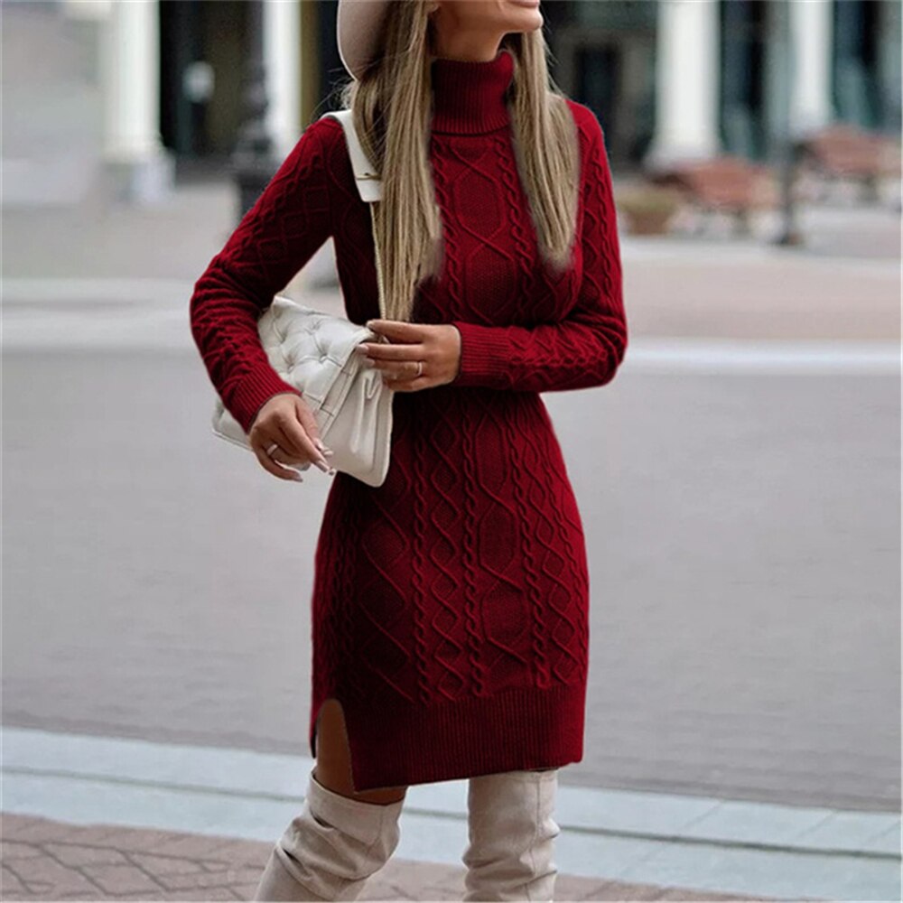 Plus Size Long Sleeve V Neck Knitted Sweater Dress