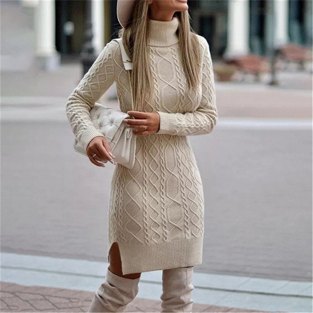 Plus Size Long Sleeve V Neck Knitted Sweater Dress