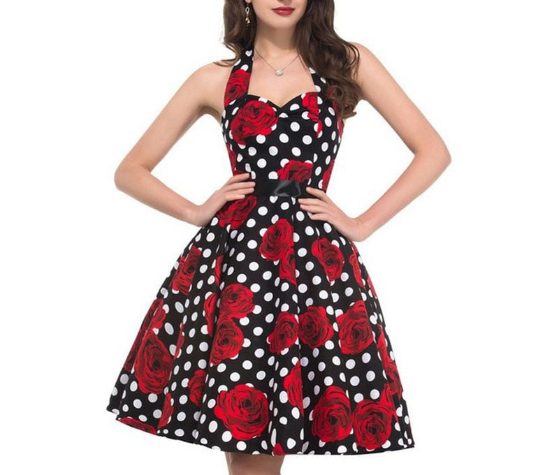 Going out Vintage A Line Dress - Polka Dot Halter Neck